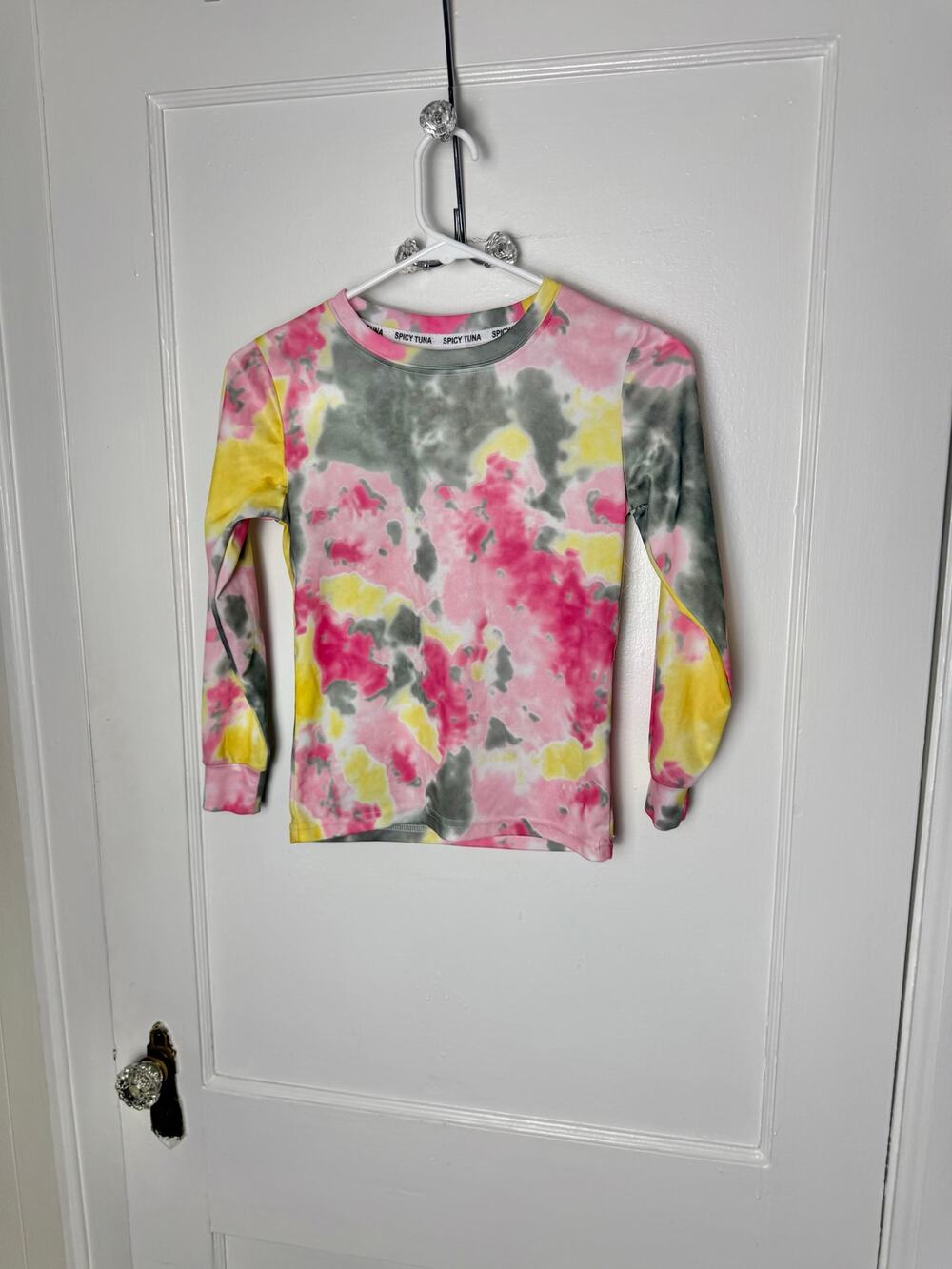 Spicy Tuna Pink Gray Yellow Kid's Long Sleeve Rash Guard Swim Top Medium Tie Dye